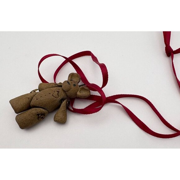 Primitive Teddy Bear Christmas Ornament Heart Jointed Legs Arms with Red Ribbon - Picture 5 of 7